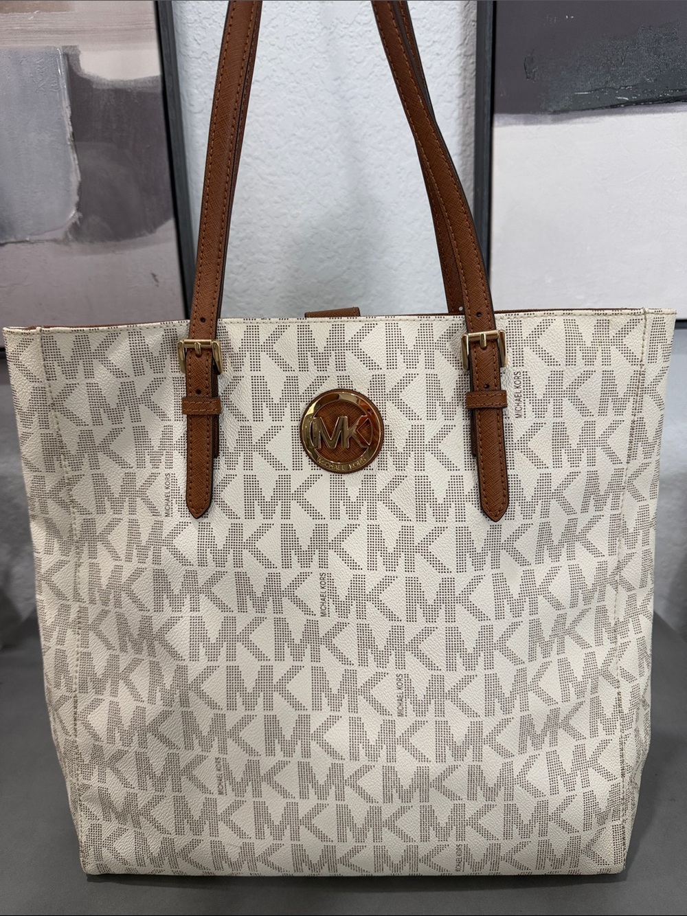 Michael Kors Cream Logo Tote with Brown Leather Straps